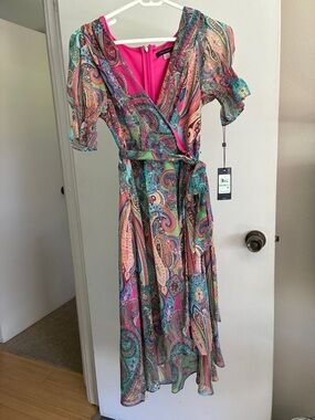Tommy Hilfiger Chiffon Handkerchief Hem Faux Wrap Dress Paisley Pink Blue 8P NWT